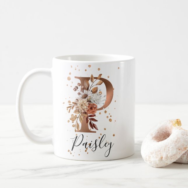 Copper Floral Letter P Monogram Coffee Mug (With Donut)