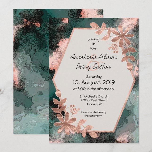 Copper Floral on Black and Teal Watercolor Invitation (Front/Back)