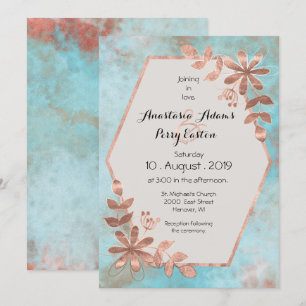 Copper Floral on Teal Watercolor Wedding Invitation