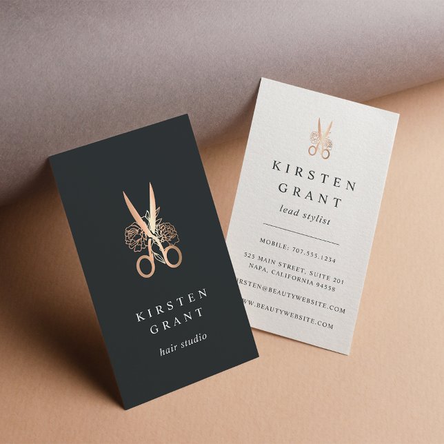 Copper Floral Scissors Logo Hairstylist Business Card (Creator Uploaded)