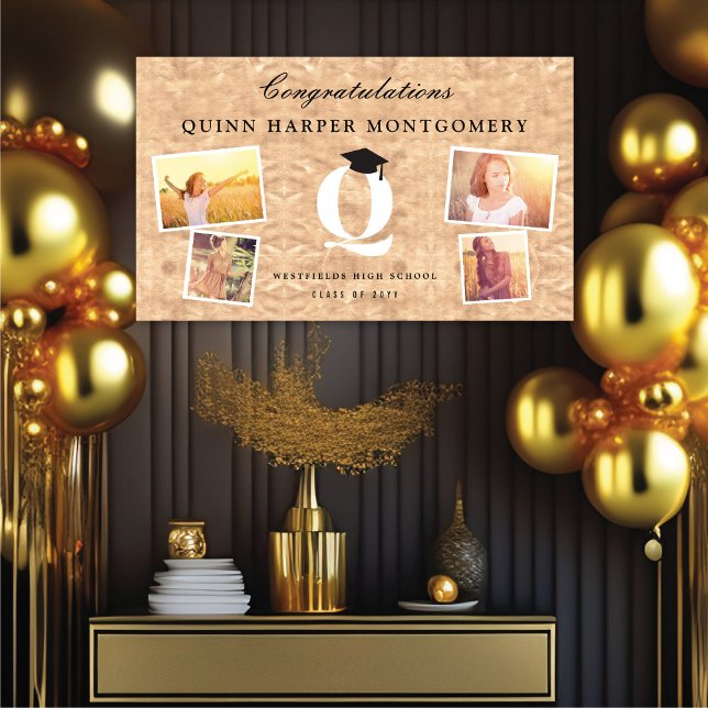 Copper Foil Monogram 4 Photo Chic Graduation Party Banner (Copper Faux Foil Name Monogram 4 Photo Chic Graduation Party Banner @ www.zazzle.com/color_therapy)