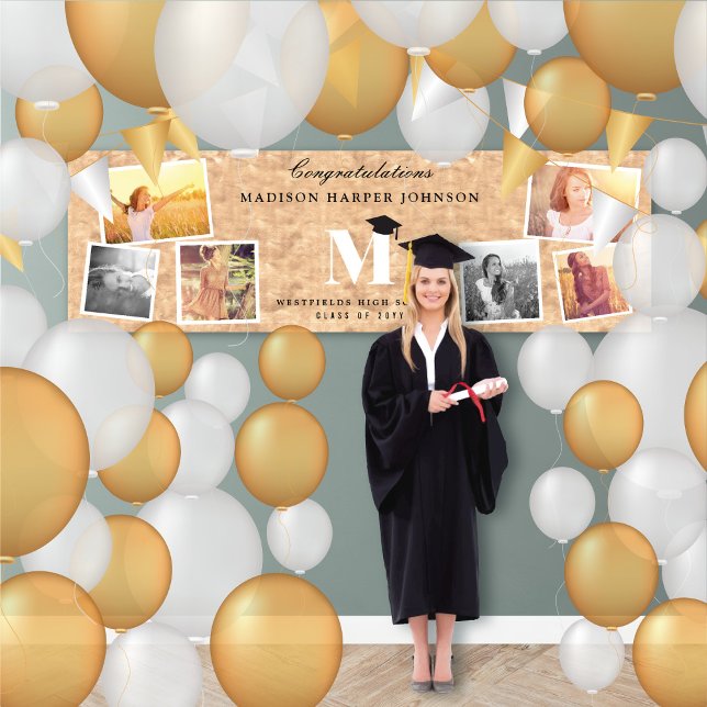 Copper Foil Monogram 6 Photo Chic Graduation Party Banner (Copper Faux Foil Name Monogram 6 Photo Chic Graduation Party Banner @ www.zazzle.com/color_therapy)