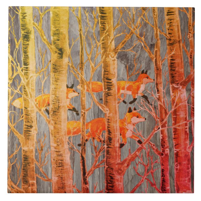 Copper Fox Woods on Grey Stone Autumn Batik Look Tile (Front)