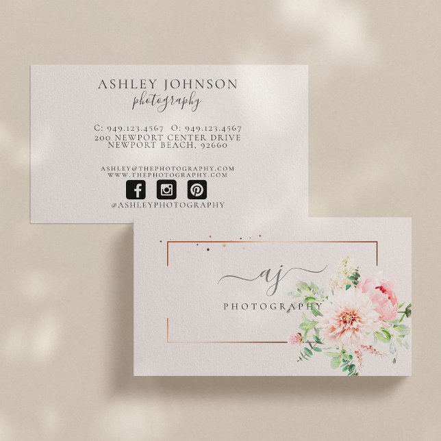 Copper Frame Blush Pink Floral Handwritten Script Business Card (Creator Uploaded)