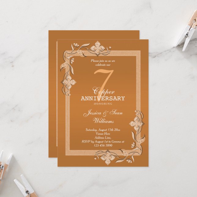 Copper Gem & Glitter 7th Wedding Anniversary Invitation (Front/Back In Situ)