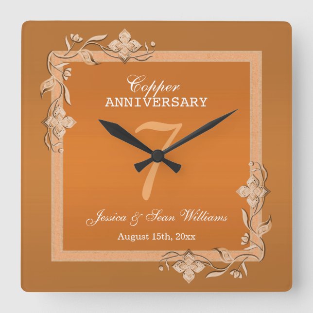  Copper Gem & Glitter 7th Wedding Anniversary   Square Wall Clock (Front)