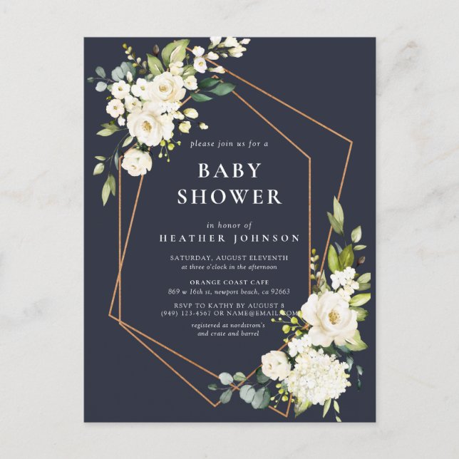 Copper Geometric Blue White Floral Baby Shower Announcement Postcard (Front)