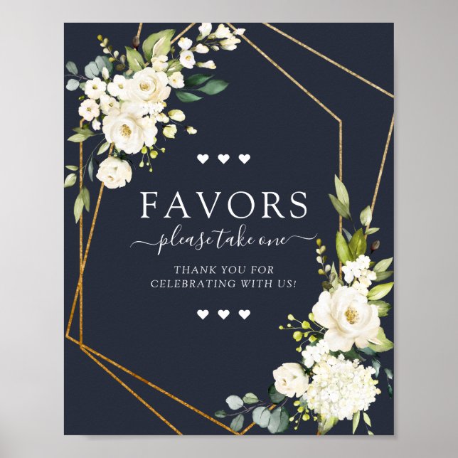Copper Geometric Blue White Floral Favors Sign (Front)