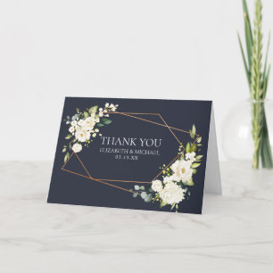 Copper Geometric Blue White Floral Photo Wedding Card