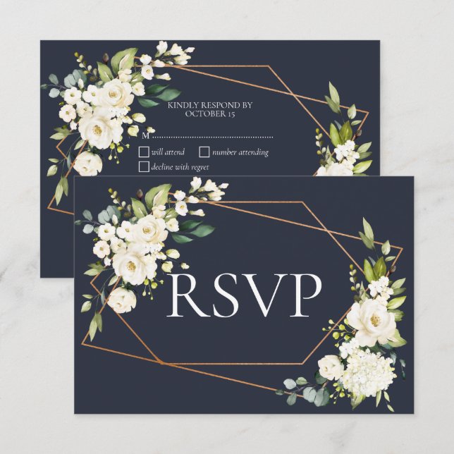 Copper Geometric Blue White Floral RSVP (Front/Back)