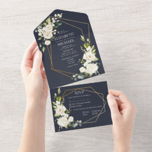 Copper Geometric Blue White Floral  Wedding All In One Invitation