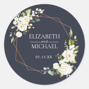 Copper Geometric Blue White Floral Wedding Classic Round Sticker