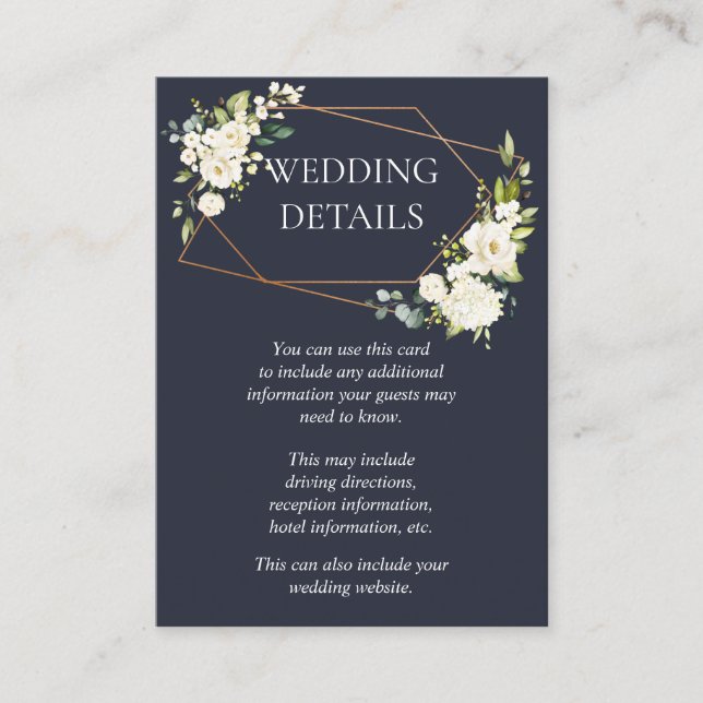 Copper Geometric Blue White Floral Wedding Details Enclosure Card (Front)