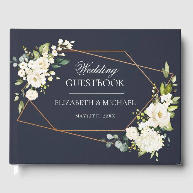 Copper Geometric Blue White Floral Wedding Guest Book (Front)