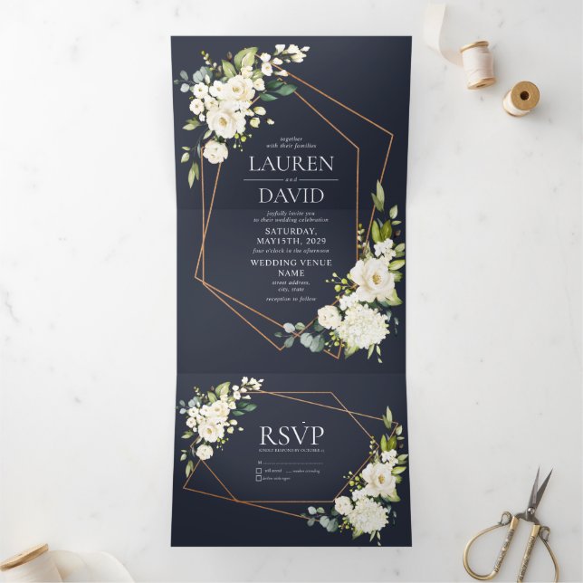 Copper Geometric Blue White Floral Wedding No Meal Tri-Fold Invitation (Inside)