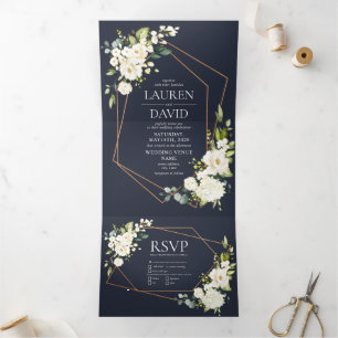 Copper Geometric Blue White Floral  Wedding Tri-Fold Invitation