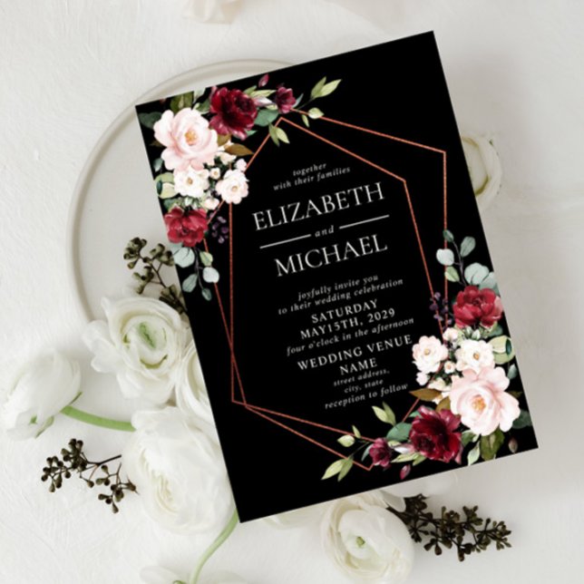 Copper Geometric Burgundy Black Floral  Wedding Invitation (Creator Uploaded)