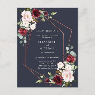 Copper Geometric Burgundy Blue Delay Date Announcement Postcard