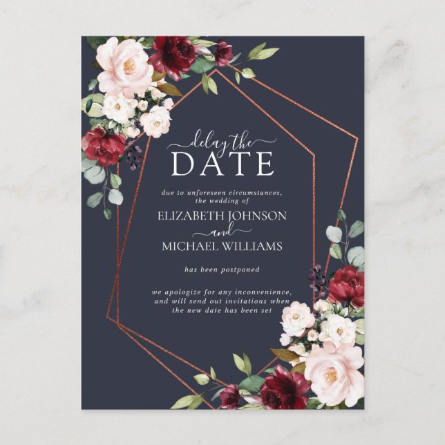 Copper Geometric Burgundy Blue Delay The Date Announcement Postcard (Front)