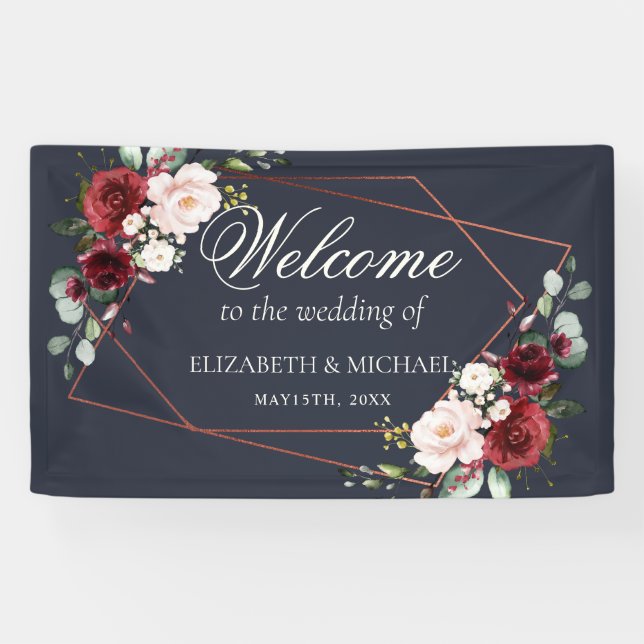 Copper Geometric Burgundy Blue Elegant Wedding Banner (Horizontal)