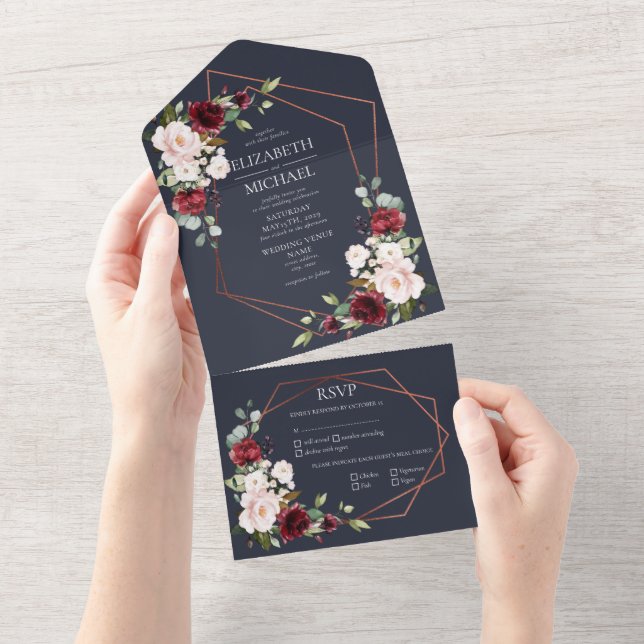 Copper Geometric Burgundy Blue Floral  Wedding All In One Invitation (Tearaway)