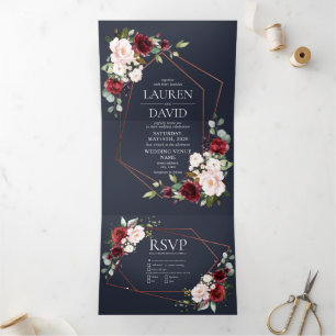 Copper Geometric Burgundy Blue Floral  Wedding Tri-Fold Invitation