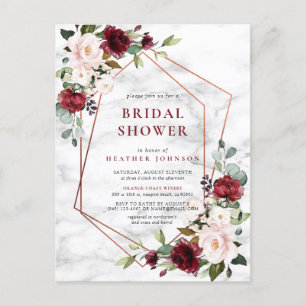 Copper Geometric Burgundy Marble Bridal Shower Announcement Postcard