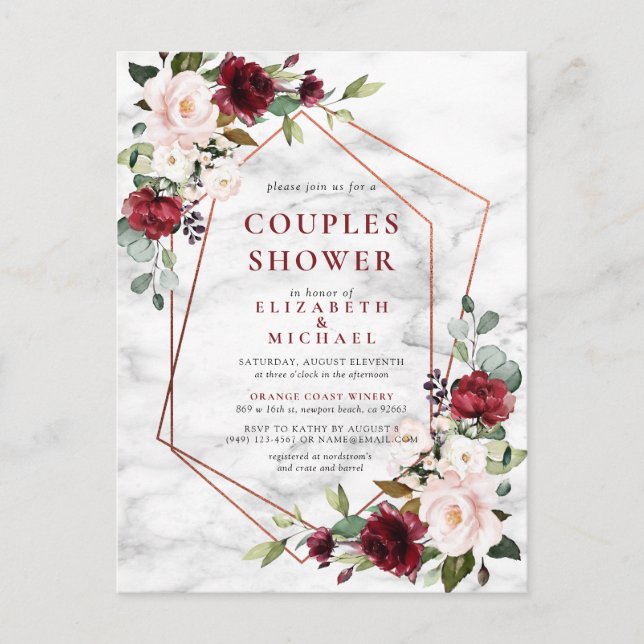 Copper Geometric Burgundy Marble Couples Shower Announcement Postcard (Front)