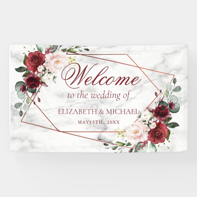 Copper Geometric Burgundy Marble Elegant Wedding Banner (Horizontal)