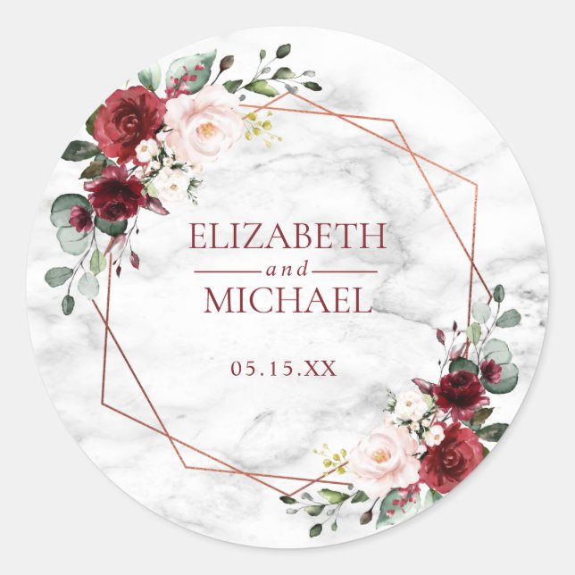 Copper Geometric Burgundy Marble Elegant Wedding Classic Round Sticker (Front)