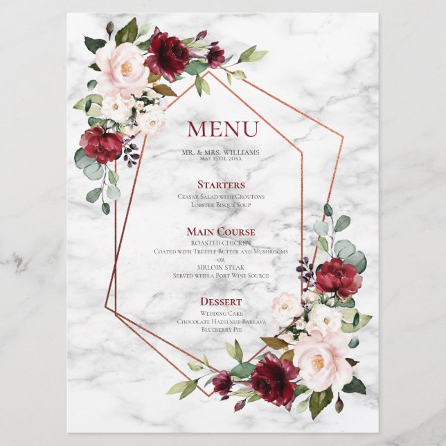 Copper Geometric Burgundy Marble Elegant Wedding Menu (Front)