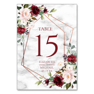 Copper Geometric Burgundy Marble Elegant Wedding Table Number