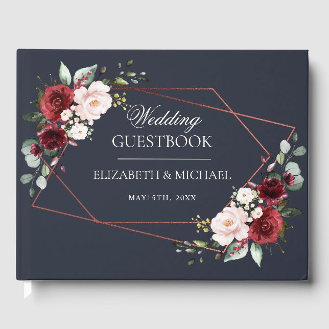 Copper Geometric Burgundy Navy Elegant Wedding Guest Book (Front)