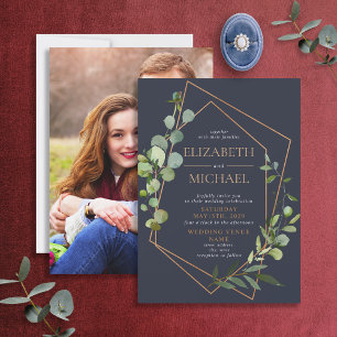 Copper Geometric Eucalyptus Blue Elegant Photo Invitation