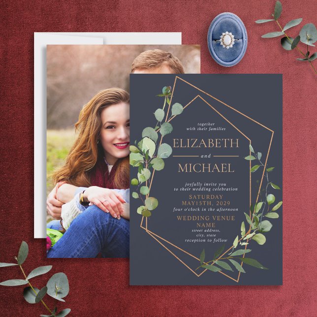 Copper Geometric Eucalyptus Blue Elegant Photo Invitation (Creator Uploaded)