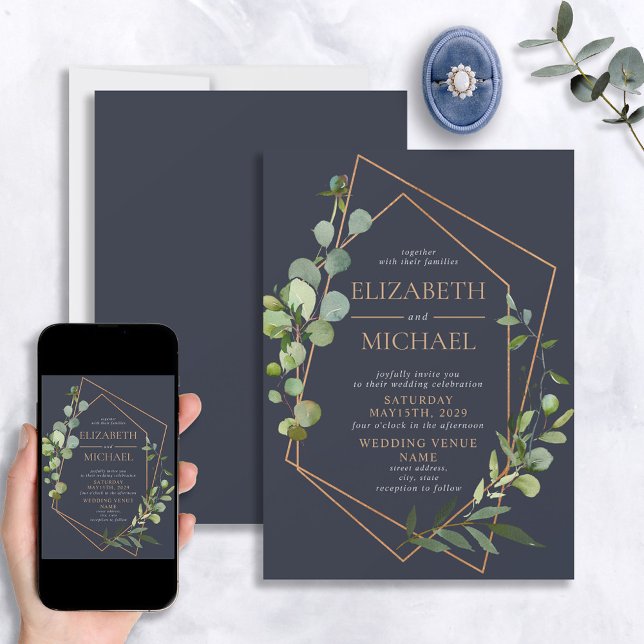 Copper Geometric Eucalyptus Blue Elegant Wedding Invitation (Creator Uploaded)