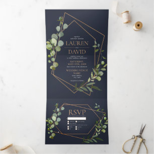 Copper Geometric Eucalyptus Blue Elegant Wedding Tri-Fold Invitation