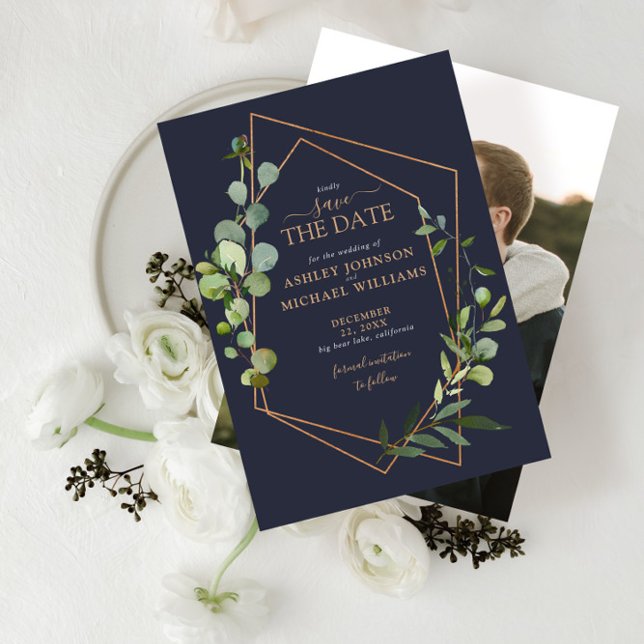 Copper Geometric Eucalyptus Blue Photo Save The Date (Creator Uploaded)
