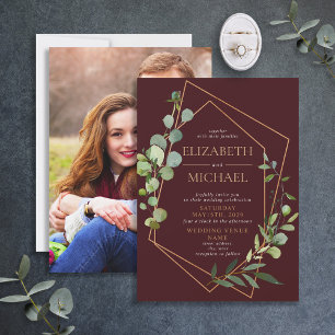 Copper Geometric Eucalyptus Burgundy Elegant Photo Invitation