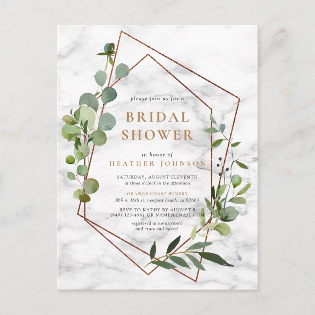Copper Geometric Eucalyptus Marble Bridal Shower Announcement Postcard (Front)