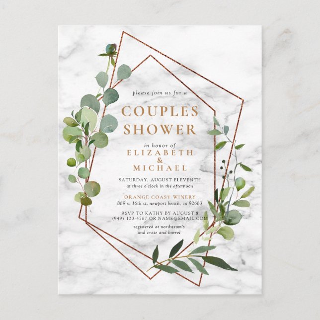 Copper Geometric Eucalyptus Marble Couples Shower Announcement Postcard (Front)