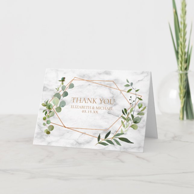 Copper Geometric Eucalyptus Marble Photo Wedding Card (Front)