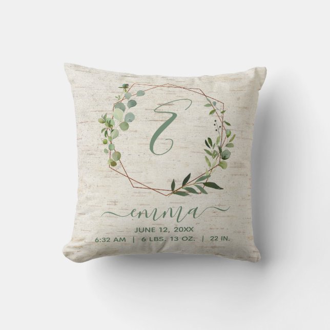 Copper Geometric Greenery Wreath Baby Birth Stats Cushion (Front)