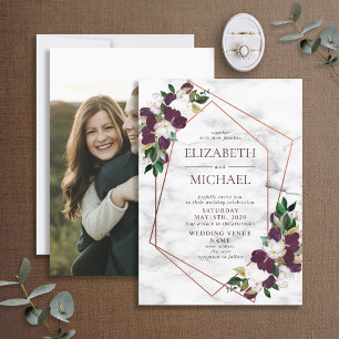 Copper Geometric Marble Burgundy Marsala Photo Invitation