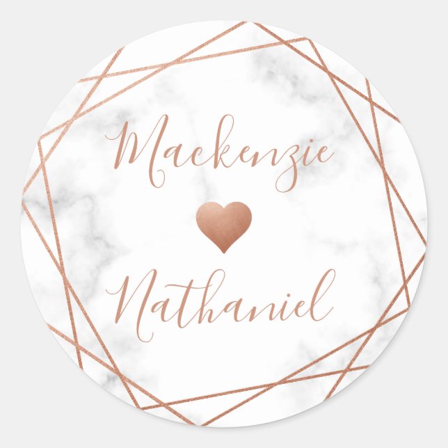 Copper Geometric Marble Heart Custom Names Wedding Classic Round Sticker (Front)