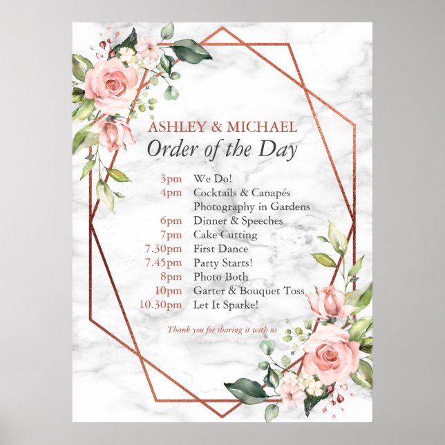 Copper Geometric Marble Pink Floral Order of Day Poster (Front)