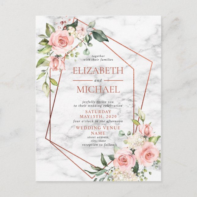 Copper Geometric Marble Pink Floral Postcard (Front)