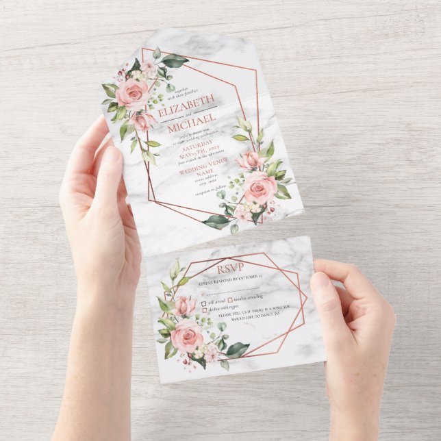 Copper Geometric Marble Pink Floral Wedding All In One Invitation (Tearaway)