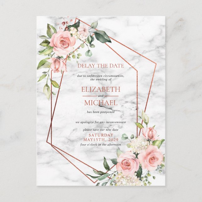Copper Geometric Marble Pink FloralDelay Date Announcement Postcard (Front)
