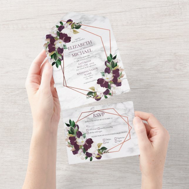 Copper Geometric Marble Plum Burgundy Floral All In One Invitation (Tearaway)